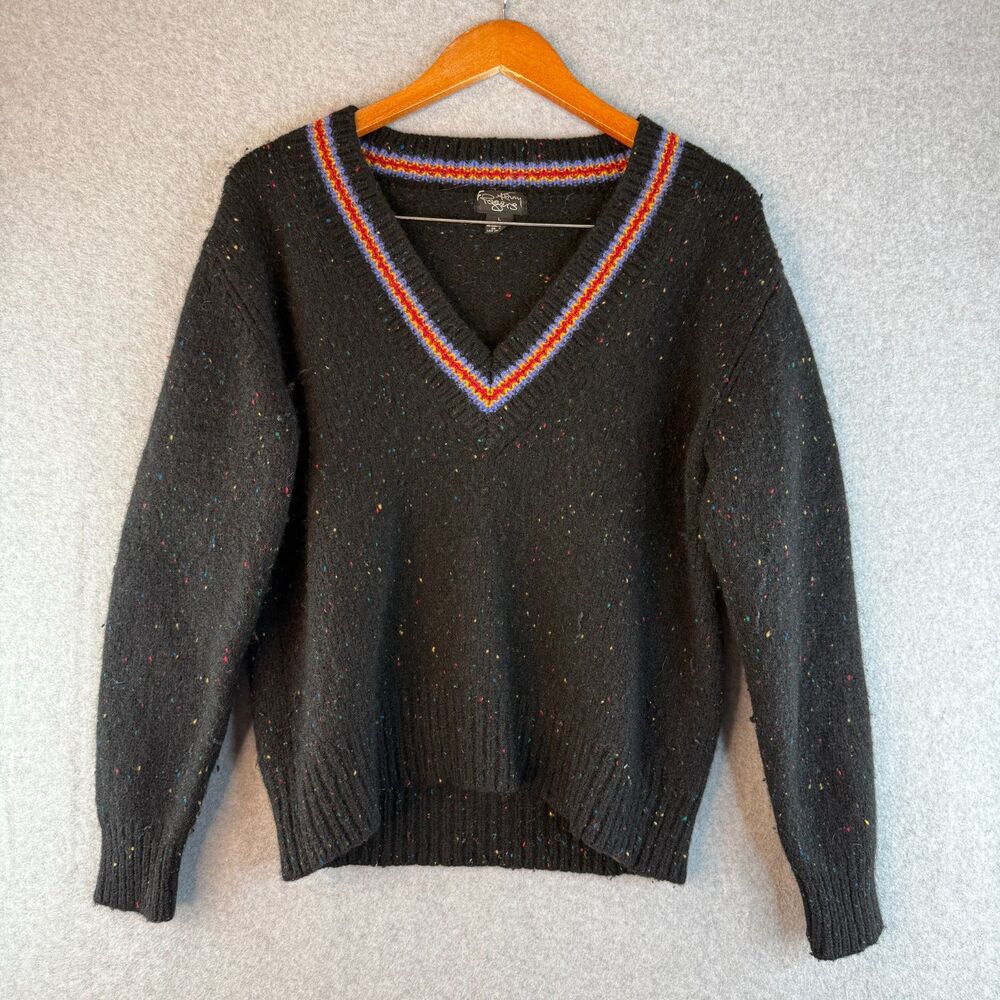 Kenny Rogers Vintage Black Wool Pull Over Sweater V-Neck Streetwear Retro 90s L